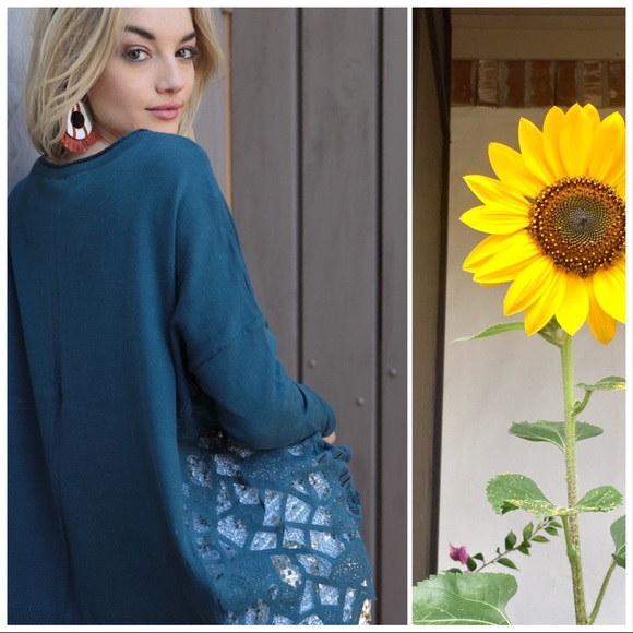 Midnight Blue Teal Boho Lace Panel Sweater - Picture 2 of 7